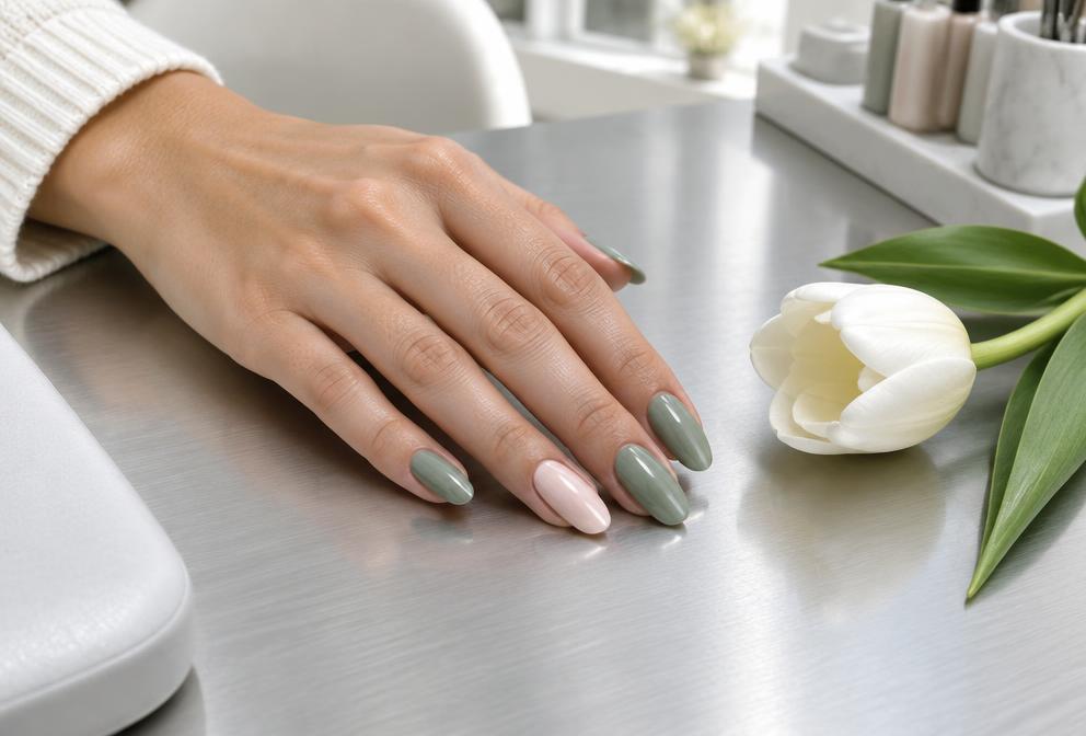 Sage and nude manicure at Secretive